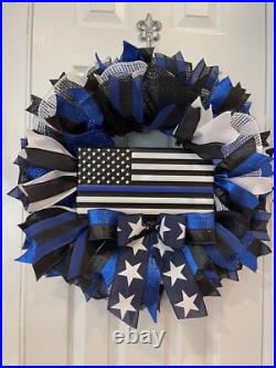 Police Wreath, Back the Blue Wreath, Law Enforcement, white, black & blue wreath