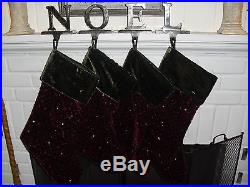 Pottery Barn Christmas Holiday Red & Green Velvet Sequin Stockings & NOEL hooks