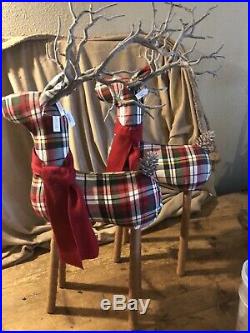 Pottery Barn Fabric Red Green Large PLAID Reindeer LOT of 2 LAST