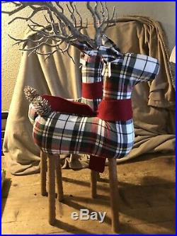 Pottery Barn Fabric Red Green Large PLAID Reindeer LOT of 2 LAST