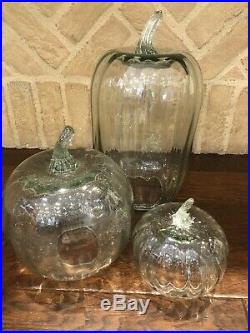 Pottery Barn Glass Pumpkin Halloween Decor Recycled Cloche XL Large Small Set