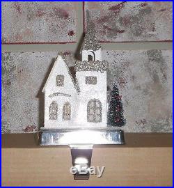 Pottery Barn Lit German Glitter Village Colonial House Stocking Holders S/3 New