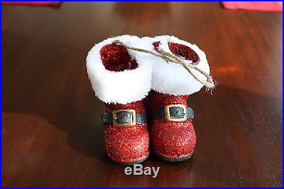Pottery Barn NEW Red Glitter Santa Boots Ornament Sold Out