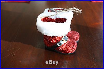 Pottery Barn NEW Red Glitter Santa Boots Ornament Sold Out