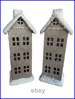 Pottery Barn PBK Glitter Galvanized Village House Tall X 2 Christmas Decor Snow