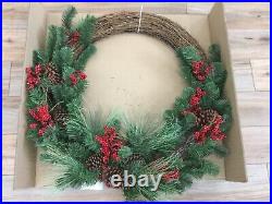 Pottery Barn Pre-Lit Faux Red Berry & Pine Wreath Christmas 42 Oversized New