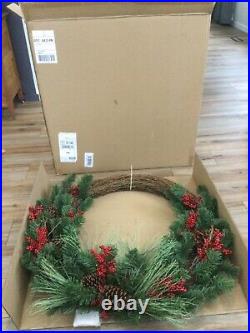 Pottery Barn Pre-Lit Faux Red Berry & Pine Wreath Christmas 42 Oversized New