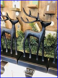 Pottery Barn SANTAS SLEIGH Deer Stocking Holders CHRISTMAS REINDEER Bronze Set 4