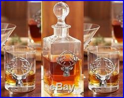 Pottery Barn STAG MEDALLION Decanter & 2 Double Old-Fashioned Glasses Barware