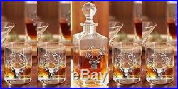 Pottery Barn STAG MEDALLION Decanter & 4 Double Old-Fashioned Glasses Barware