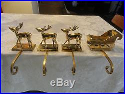 Pottery Barn Set of 4 Brass Reindeer & Santa Sleigh Stocking Holders