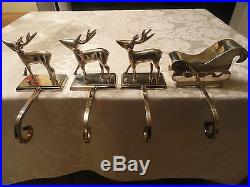 Pottery Barn Set of 4 Silver Plate Reindeer & Santa Sleigh Stocking Holders