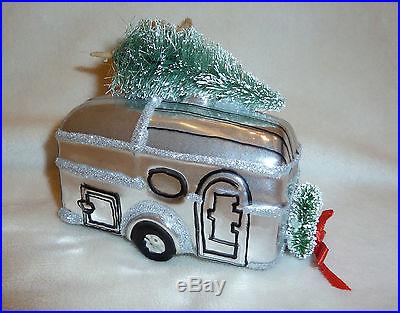 Pottery Barn Vintage Airstream Camper Glass Ornament NEW