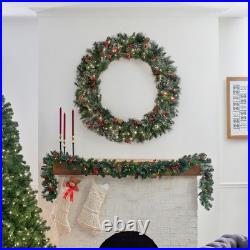 Pre-Lit Artificial Christmas Wreath, Green, Wintry Pine, White Lights, Decora