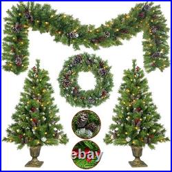 Pre-Lit Christmas 4-Piece Set with LED Garland, Wreath & 2 Entrance Trees