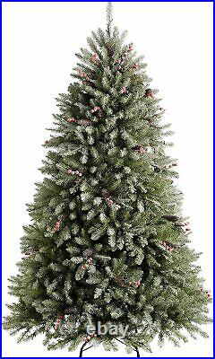 Pre-Lit Luxury 7ft Christmas Tree Snow Flocked 600 Warm White LED Cone Berries