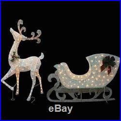 Pre Lit White Gold Reindeer Sleigh Set Outdoor Christmas Decor Yard Art Lights