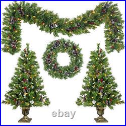 Pre-lit Artificial Christmas 4-Piece Garland Wreath & Set of 2 Entrance Trees US