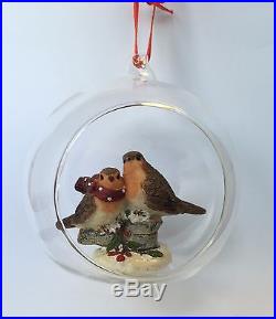 Premier 100mm 2 Robin in Glass Bauble Christmas Tree Bauble Decoration XMas