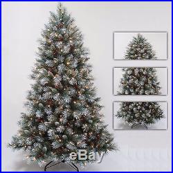 Premium Green Frosted Pre-Lit Tree Warm White LEDs Pine Cones Red Berrys New