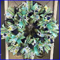 Pretty Navy Blue & Aqua Floral Spring Summer Deco Mesh Front Door Wreath Decor