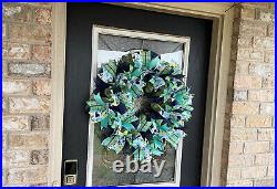 Pretty Navy Blue & Aqua Floral Spring Summer Deco Mesh Front Door Wreath Decor