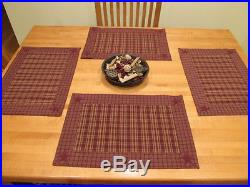 Primitive Country Rustic Placemats 100% Cotton Burgundy Star -Set of 4