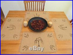 Primitive Country Rustic Placemats Burlap Willow Tree -Set of 4