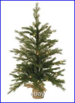 Primitive Rustic 3Ft Christmas Pine Tree Burlap Base Pre Lit