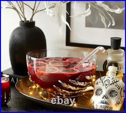 RARE NEW Pottery Barn 2PC Skeleton 5 Qt. Punch Bowl with LADLE Halloween Party NIB