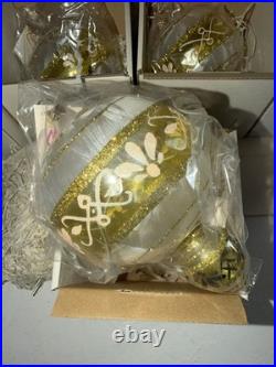 RARE NIB LOT 5 Mia White/Gold Poland Handblown Glass Ornaments (12288)