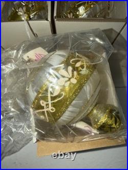 RARE NIB LOT 5 Mia White/Gold Poland Handblown Glass Ornaments (12288)