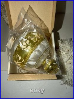 RARE NIB LOT 5 Mia White/Gold Poland Handblown Glass Ornaments (12288)