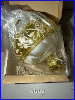 RARE NIB LOT 5 Mia White/Gold Poland Handblown Glass Ornaments (12288)