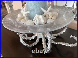 RARE Pottery Barn OCTOPUS Serving STAND withGLASS TRAY COASTAL HOME BEACH