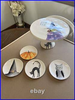 Rae Dunn Halloween Hocus Pocus Pedestal Cake Plate & 4 Dessert Plates
