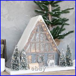 Ragon House Christmas Putz Style Light Up 13.75 Snowy A Frame Cabin with Deer
