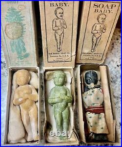 Rare Antique SOAP BABY, soap dolls in original boxes. Lot of 3