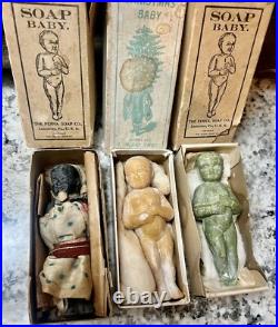 Rare Antique SOAP BABY, soap dolls in original boxes. Lot of 3