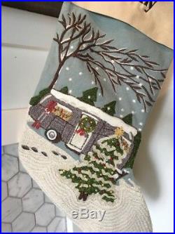 Rare! New Pottery Barn Crewel Embroidered Airstream Camper Christmas Stocking