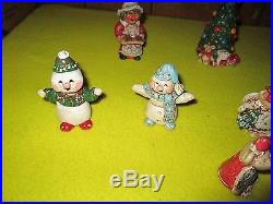 Rare Unique Christmas set of 12 clay style figures Santa Mrs Claus Snowmen Tree