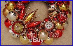 Red & Gold Vintage Christmas Ornament Wreath Mercury Glass 17.5