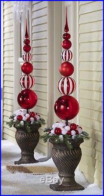Red & White Christmas Ornament Ball Finial Topiary Vase Yard Decoration Holiday