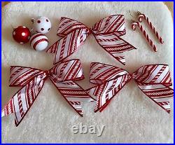 Red and White Candy Cane Striped Ribbon Christmas Tree 3x Bows Decorations 23 cm