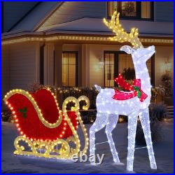 Reindeer Pulling Sleigh 5FT Christmas Decoration with Light for In/Outdoor Holiday