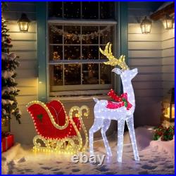 Reindeer Pulling Sleigh 5FT Christmas Decoration with Light for In/Outdoor Holiday