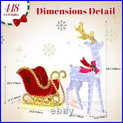 Reindeer Pulling Sleigh 5FT Christmas Decoration with Light for In/Outdoor Holiday