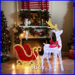 Reindeer Pulling Sleigh 5FT Christmas Decoration with Light for In/Outdoor Holiday