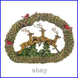 Roman Leaping Deer In Wreath Figurine Pine Cones Cardinals Fir Trees