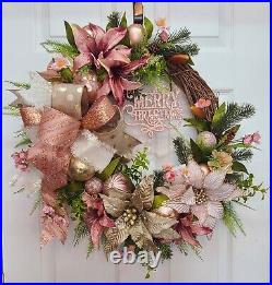 Rose and Gold Christmas Front Door Wreath Large Handmade